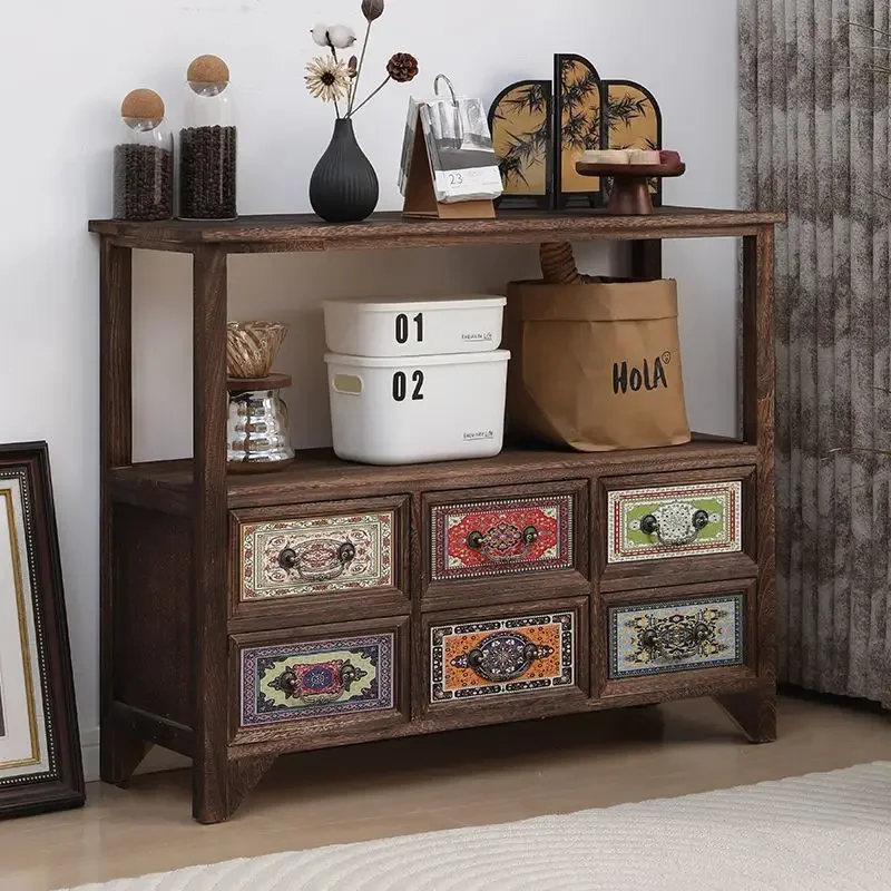 H1  antique entrance painted cabinet retro solid wood chest drawer type storage dining edge multi-layer tea cabinet