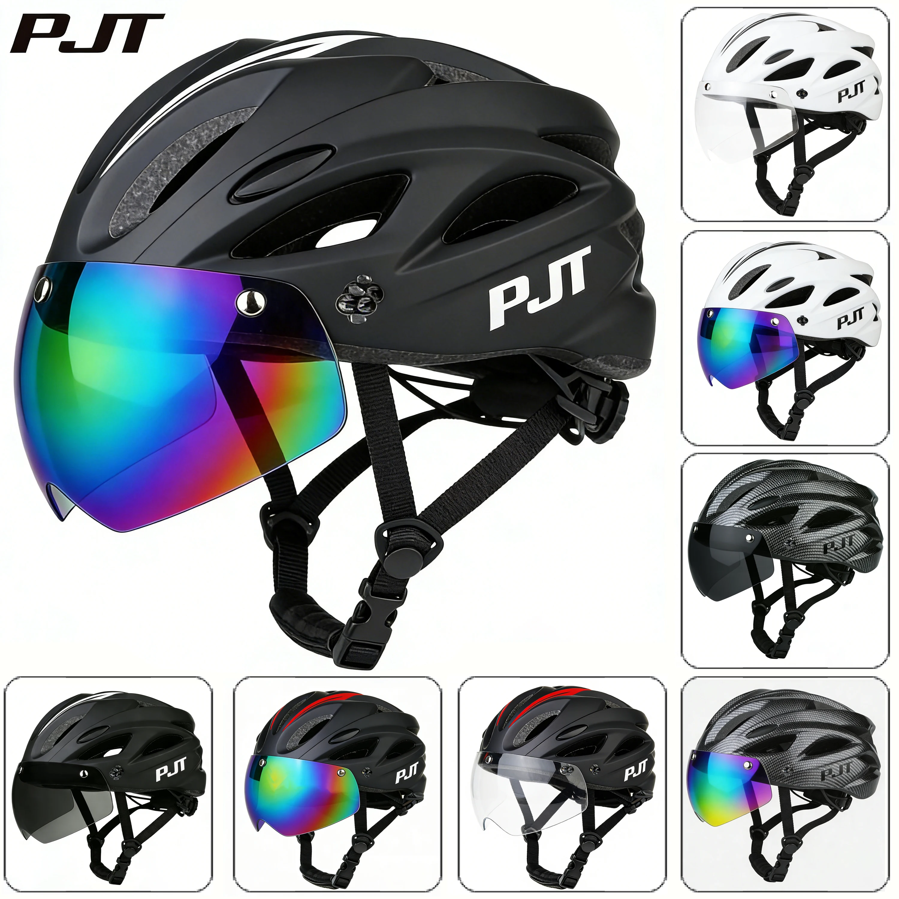 PJT 4-in-1-Fahrradhelm mit Schutzbrille/Sonnenblende, wiederaufladbarer Sicherheitshelm, Fahrradhelm für Erwachsene, Sonnenbrille, Rennrad-MTB-Fahrradhelm