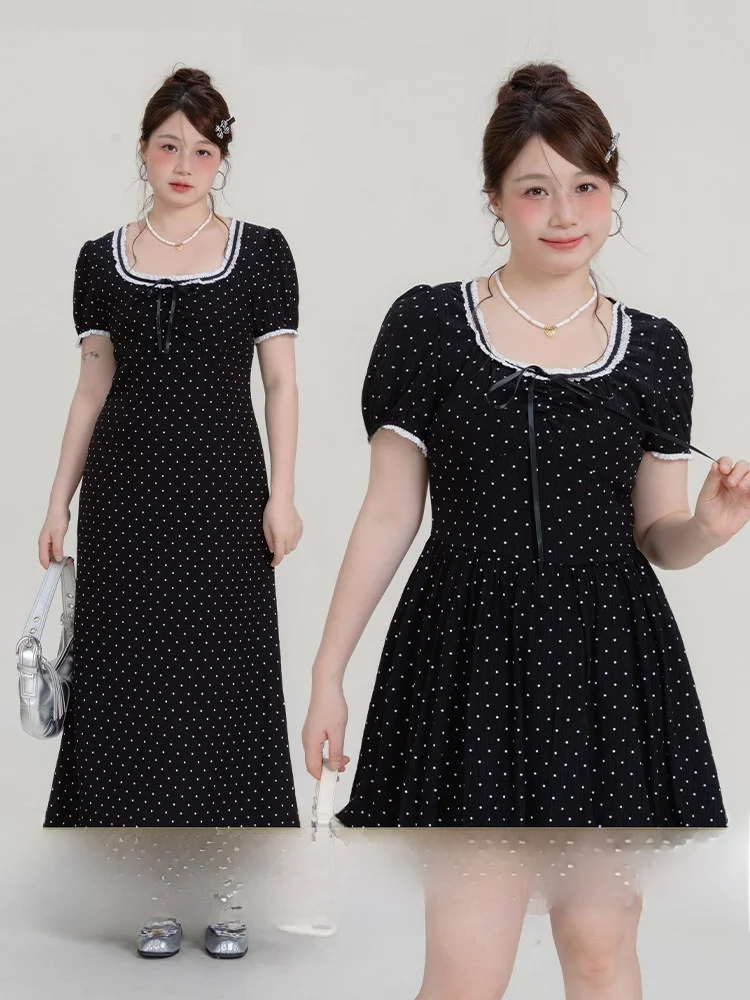 

Heynew plus Size Women's Dr Polka Dot Bubble Sve Waist Cinching Summer Meat Concealing Little Bla Dr Commute Sle