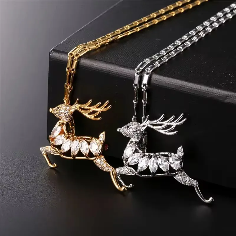 

European and American Silver Color Metal Carving Hollow Out Invisible Inlaid Zircon Elk Necklace Women's Christmas Eve Necklace