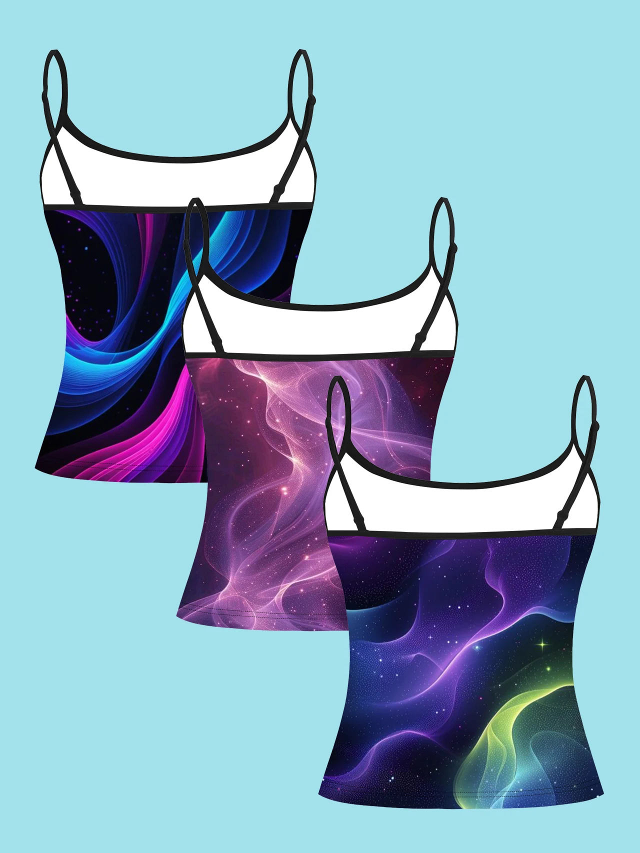 3-Piece Set of Women's Shimmering Ribbon Starry Sky Wave Print Camisole, Cyber Style Colorful Satin Nebula Slim-Fit Spaghetti Strap Sleeveless Base Top