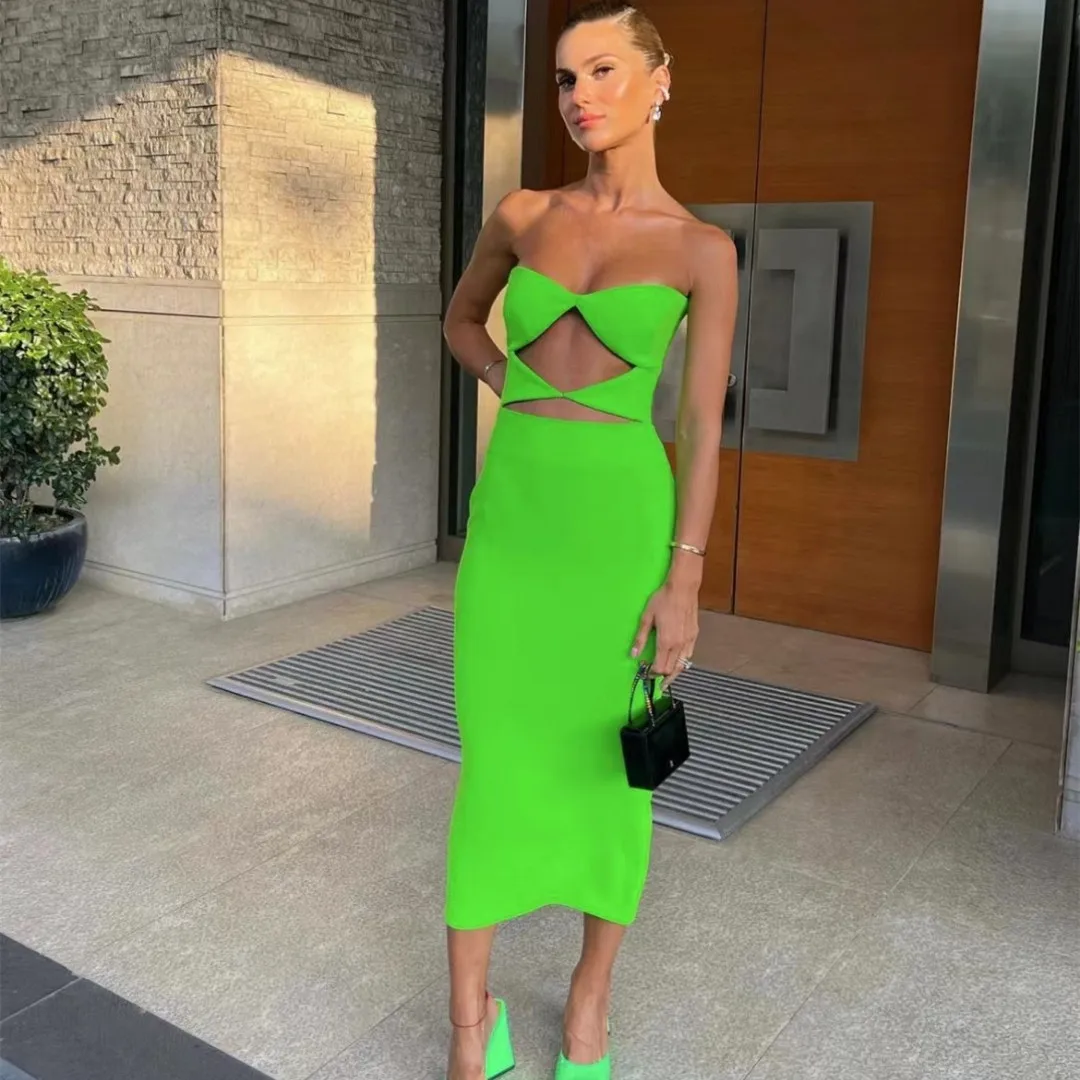 Women Fluorescent Green Hollow Out Strapless Chest Wrapped Midi Dress