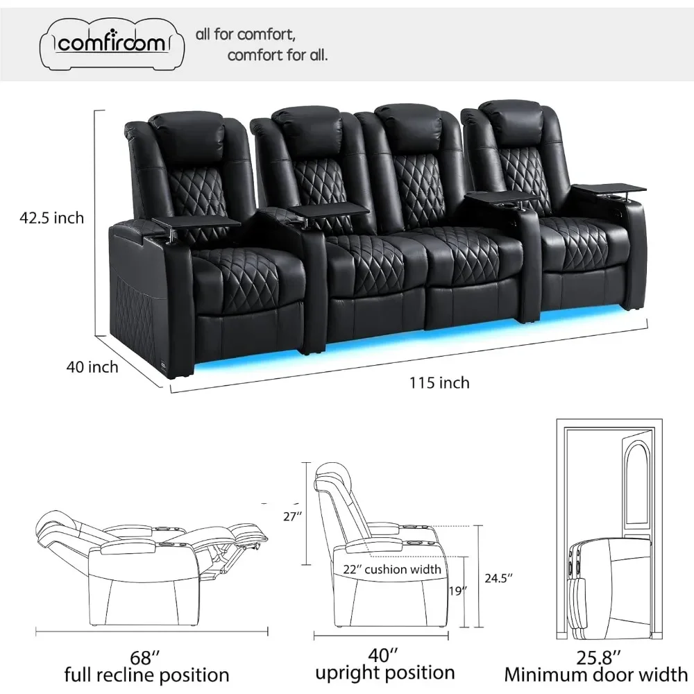 Reclining Sofas Top Grain Loveseat Recliner Chair Dual Power Theater Chairs Electric Headrest with Tray Table