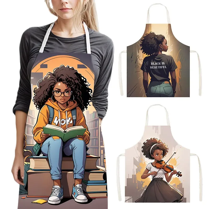 Afro Black Nurse Girl King Reading / Play Guitar Violin Kitchen Apron Women Home Cleaning Clothing Chef Waiter Cooking Pinafore