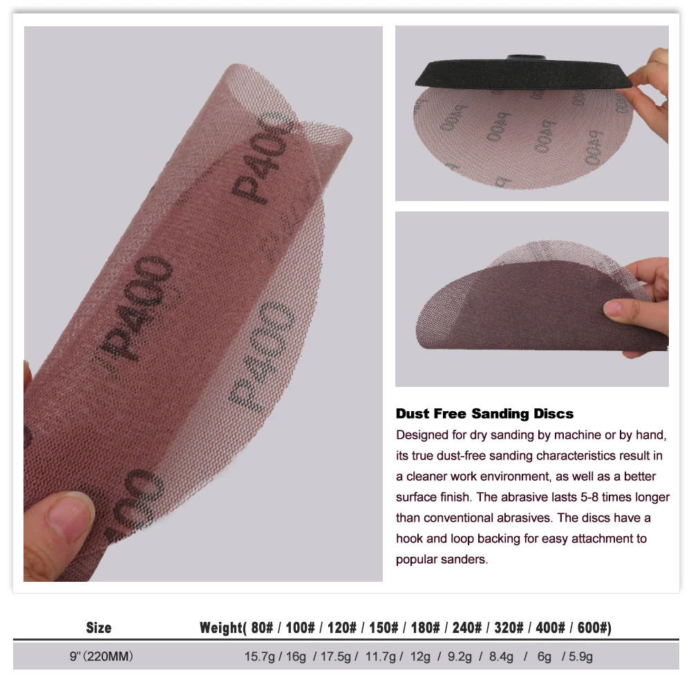 3pcs 9 Inch 220mm Mesh Abrasive Dust Free Sanding Discs Dry Grinding Sandpaper 80-600 Grit  Hook and Loop Sand Paper
