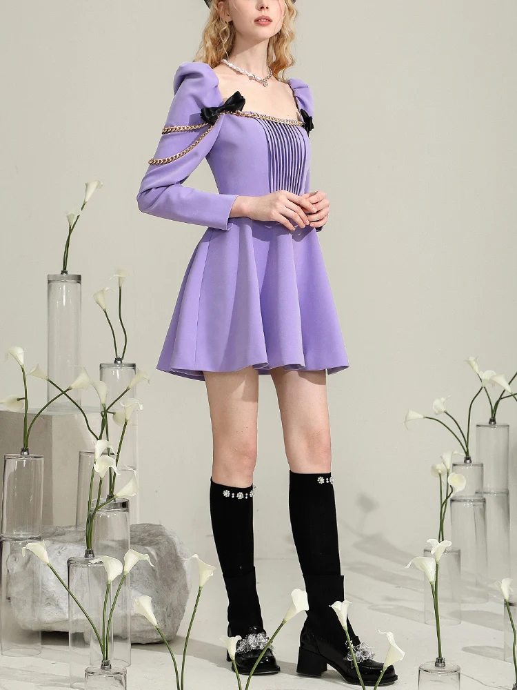 High-End Elegant Purple Dress for Women Dresses 2024 Spring and Summer Design Beautiful Girl Bow Chain Midi Dress Party Vestidos