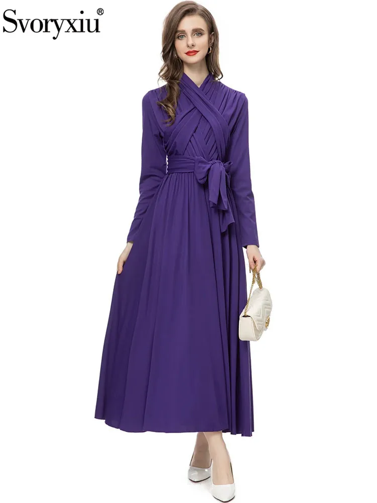 

Svoryxiu Autumn Fashion Designer Party Purple Color Elegant Long Dress Women's Long Sleeve High Waist Belt Slim Big Swing Dress