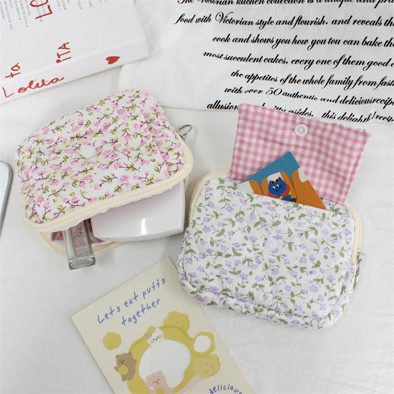 New Quilted Floral Flip Card Holder Soft Coin Purse Cute Portable Earphone Storage Pouch ID Document Wallet For Girls Women
