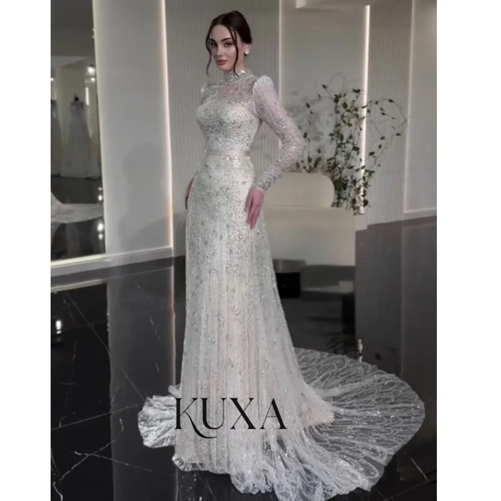 KUXA Maßgeschneiderte Hochzeitskleider mit hohem Kragen und Spitze, A-Linie, elegant, luxuriös, lange Ärmel, bodenlange Brautkleider, Vestido De Novia