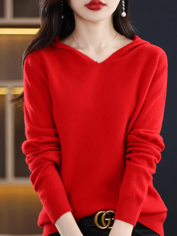 Women Cashmere Hoodie Pullover  Long Sleeve 100% Merino Wool Sweater For  Autumn Winter Soft Casual Knitwear Korean Popular Top
