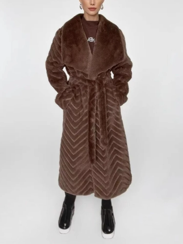Winter Long Fur Coat with Belt Fur Collar Luxury Women Warm Faux Fur Overcoat Design High Quality Clothes Thick Chic Windbreaker
