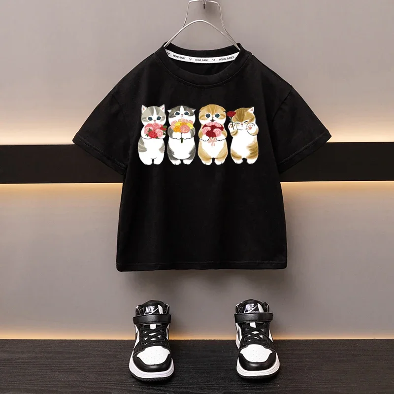 Summer Boys Girls Cotton T-shirt New Product Dress Up Cat Black Tees Sweat-absorbing Breathable Cartoon Top Children's Clothes