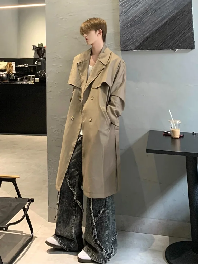 

Khaki Long Men's Overcoat Loose Fit Autumn Winter Faionable Youthful Polyester Fiber Double Breasted Long Sve Coat