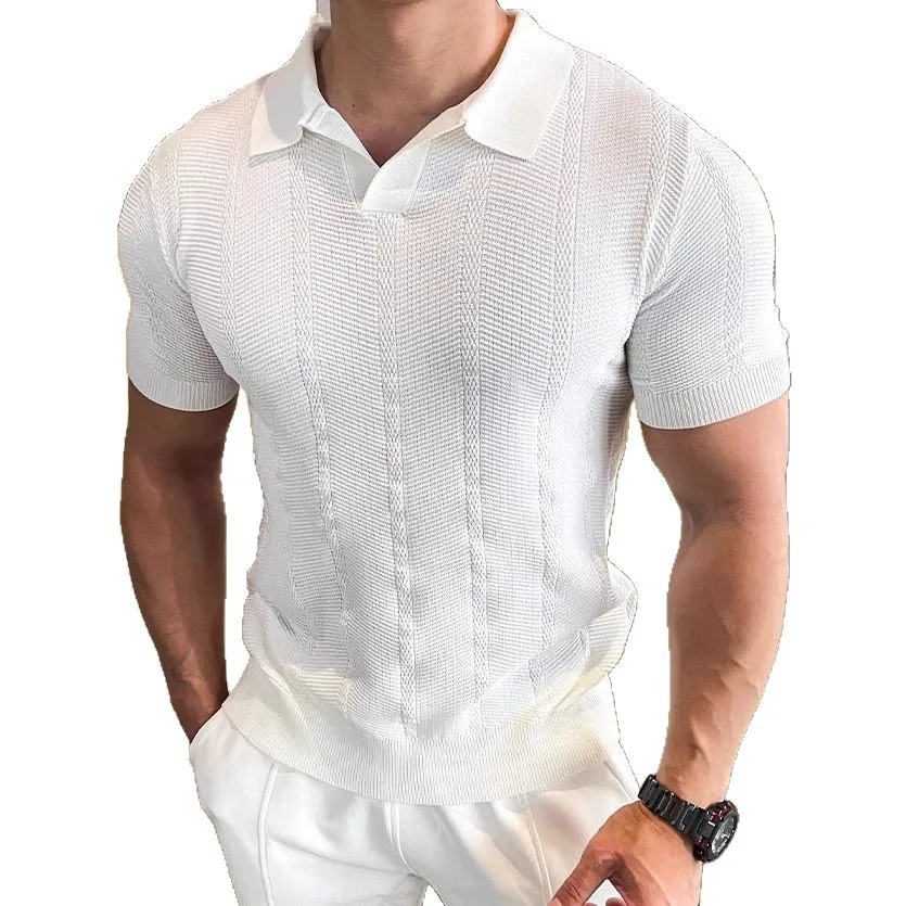 British Short-sleeved Pullover Lapel Men's Sweater, Retro Casual Solid Color Jacquard Textured Off-shoulder Sweater
