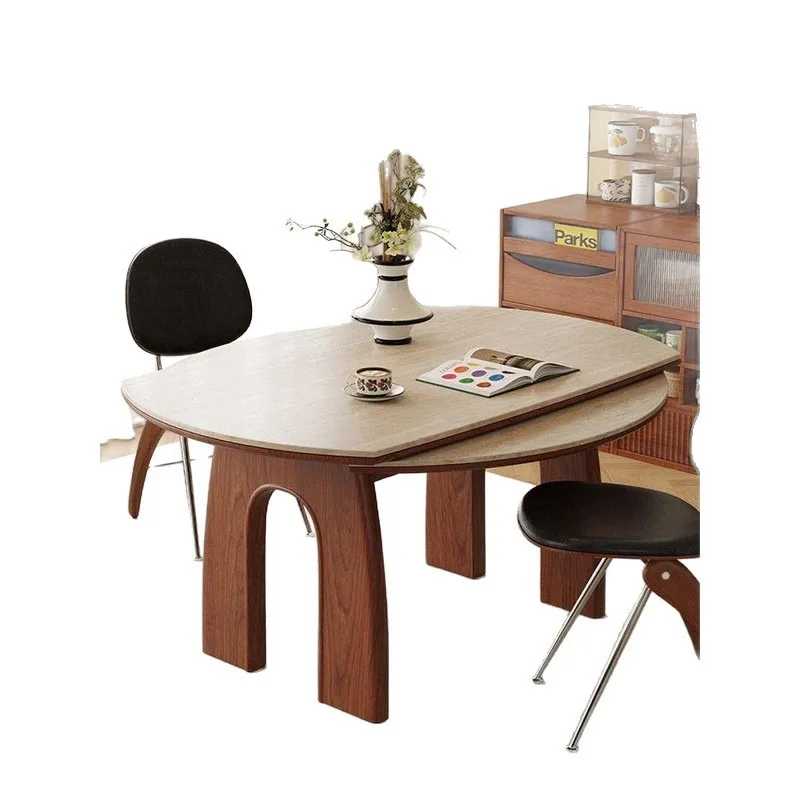 

travertine solid wood rock slab dining table variable folding small apartment medium ancient retractable round table