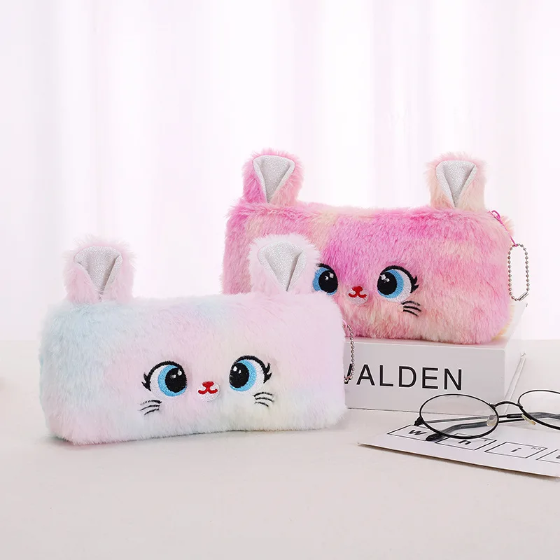 Kawaii Cartoon Schattige Kat Pluche Zakje Etui Rits Pluizige Grote Capaciteit Pen Tas School Briefpapier Cosmetica Opbergtas