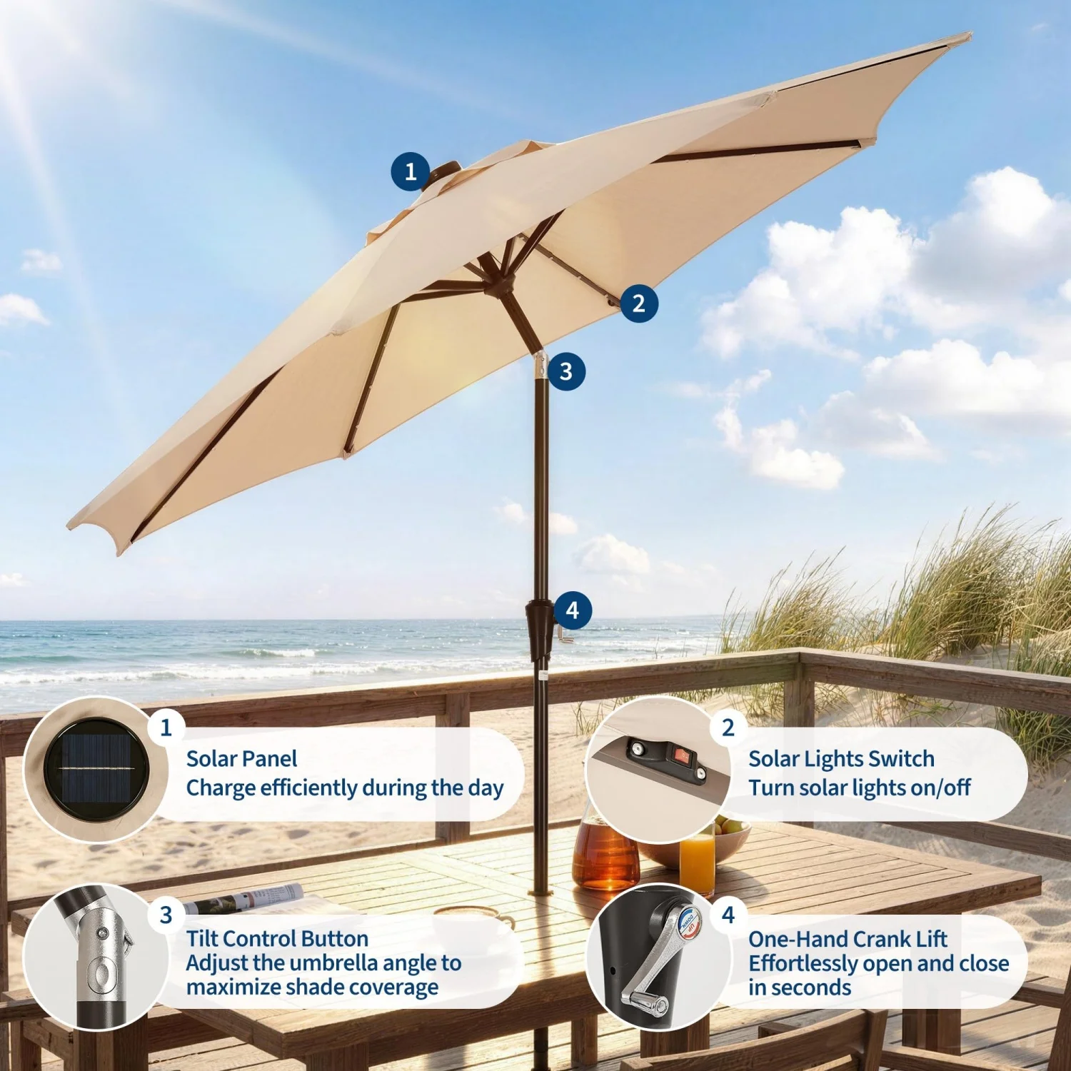 9FT/10FT Solar LED Patio Umbrella, Lighted Outdoor Market Umbrella with 32 Lights, Easy Crank & Tilt, 8 Heavy-Duty Iron Ribs Sun Shade for Garden, Deck, Backyard, Pool