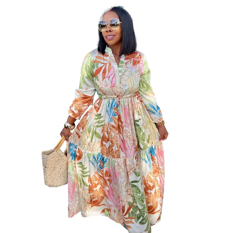 Wsfec L-3XL African Plus Size Women Clothing Long Sleeve Fall Fashion Printing Button Bandage Casual Elegant Long Evening Dress