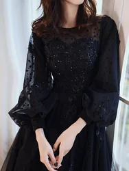 Elegant Black Long Sleeve Evening Dresses Luxury Appliques A-Line Floor-Length Tulle Women Prom Gowns 2022