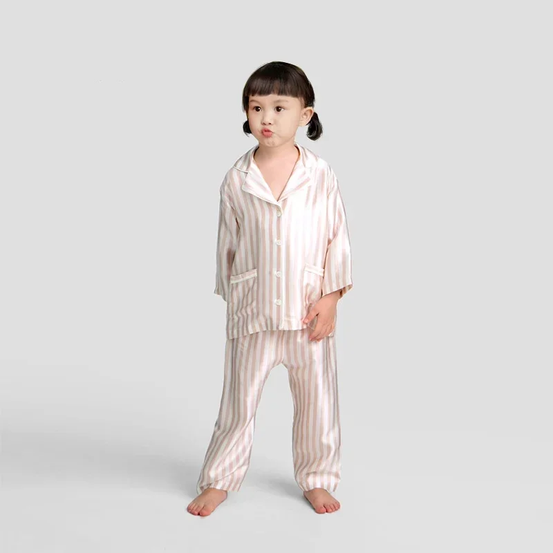 Long Striped Pure Silk Pajamas for Children Gilrs Sleepwear Pijamas Teenage Boys Night Suits Mulberry Silk Pajama Sets for Kids