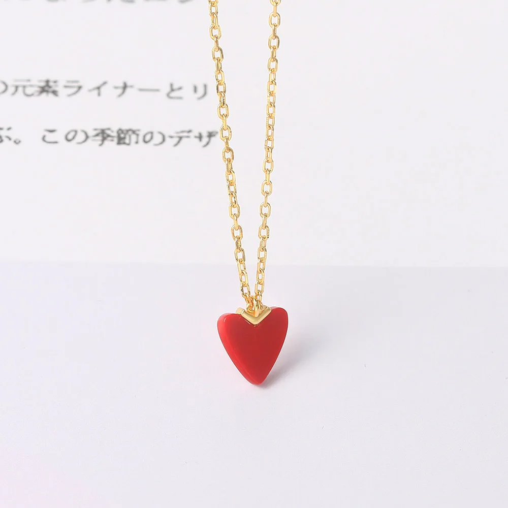 LAMOON 925 Sterling Silver Necklace For Women Little Heart Pendant Synthetic Red Coral 14K Gold Plated Fine Jewelry LMNI105