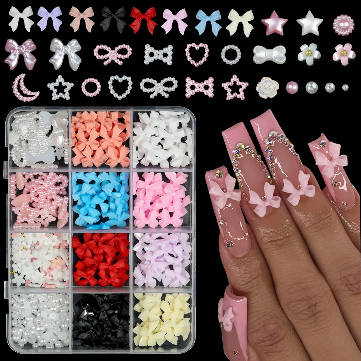 12/15 przegródek/pudełko Mieszane żywiczne ozdoby do paznokci w kształcie kokardek, akrylowe charmsy 3D, kawaii kolorowe kokardy, cyrkonie, DIY narzędzia i elementy do manicure