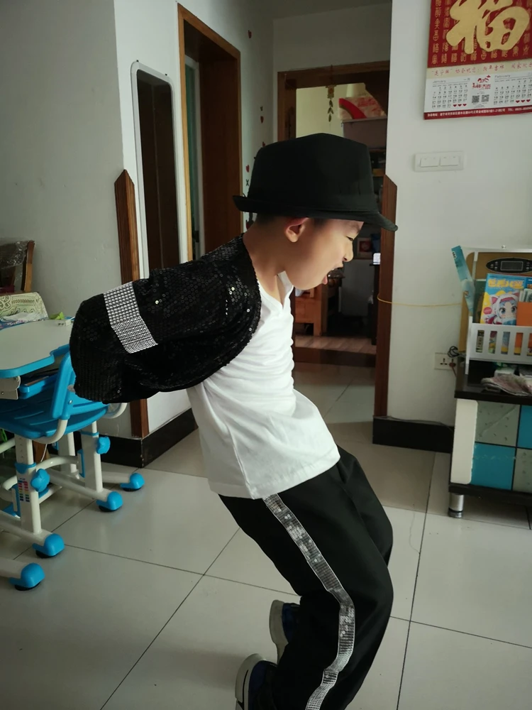 Michael Jackson Cosplay Fato Billie Jean, jaqueta de lantejoulas MJ infantil e adulto, calça, chapéu, luva, show, cor preta, presente, uma luva