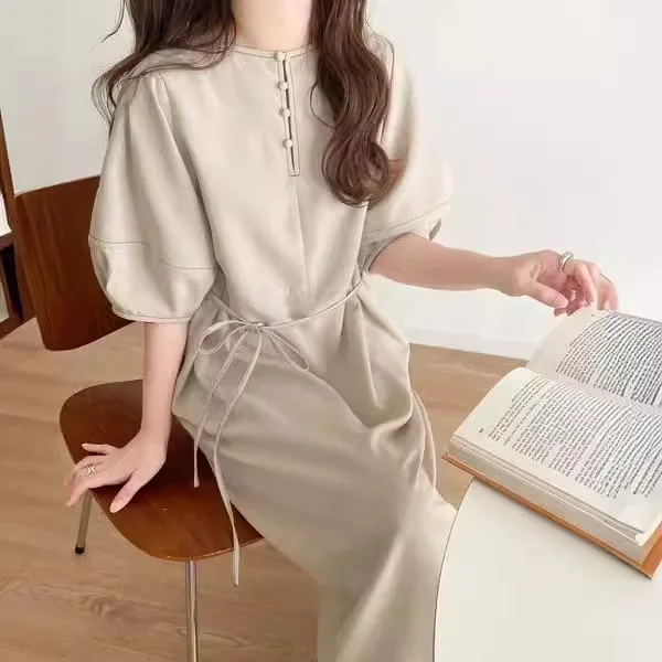 

Women 2025 Korean Style Reversible Tie Waist Slim Fit Lantern Sleeve Dress Casual Elegant Long Dress Fashion New Arrival
