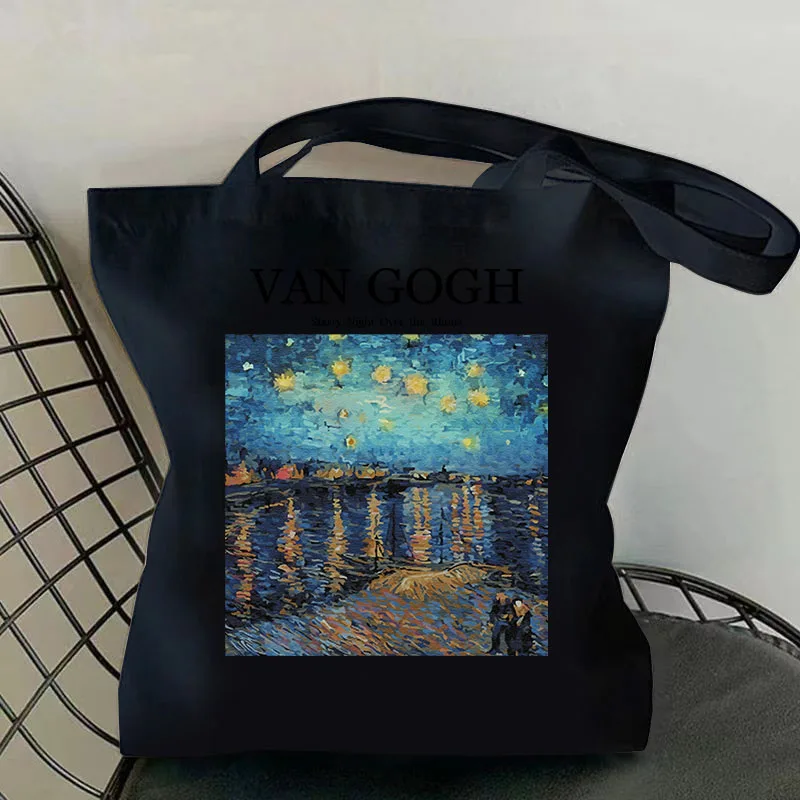 Van Gogh Starry Night Over the Rhone Shoulder Canvas Bag High Capacity Tote Bag For Girls Reusable Shopping Handbags