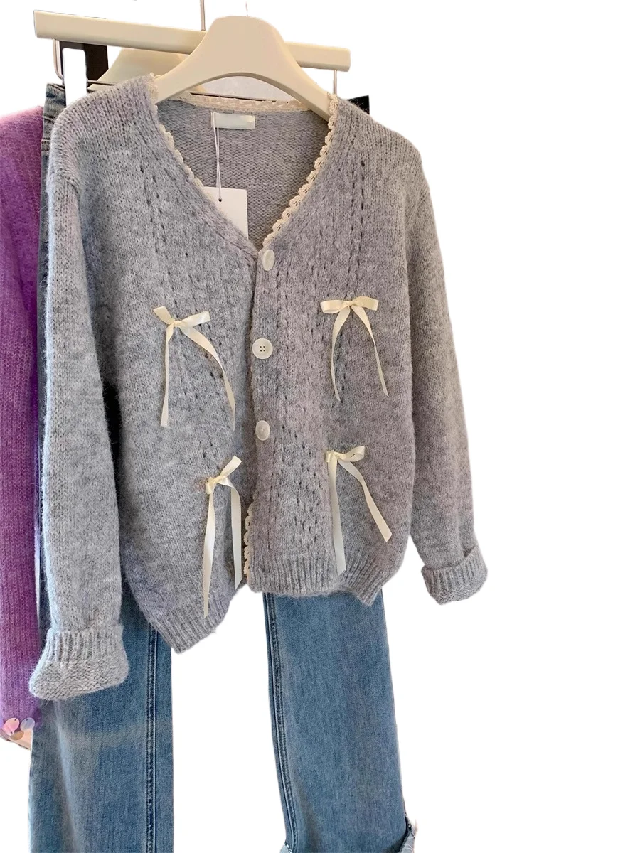 

Корейский стиль, милый свитер с бантом, весенне-осенний дизайн, уникальное кружевное универсальное пальто с v-образным вырезом, женский свободный однобортный вязаный топ