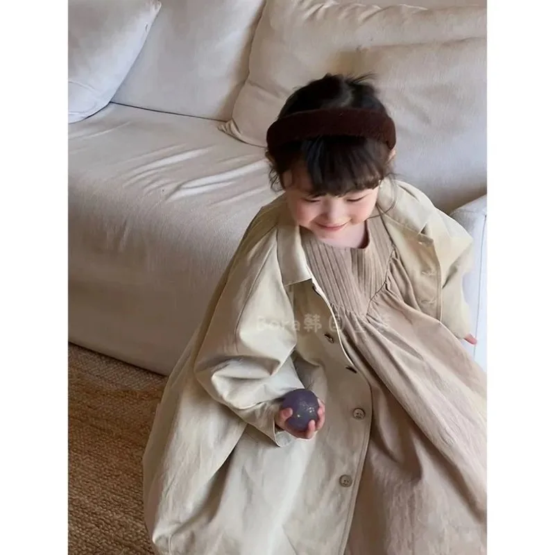 

Girls' Windbreaker Spring and Autumn New Large Children's Medium to Long Collar Solid Color Coat