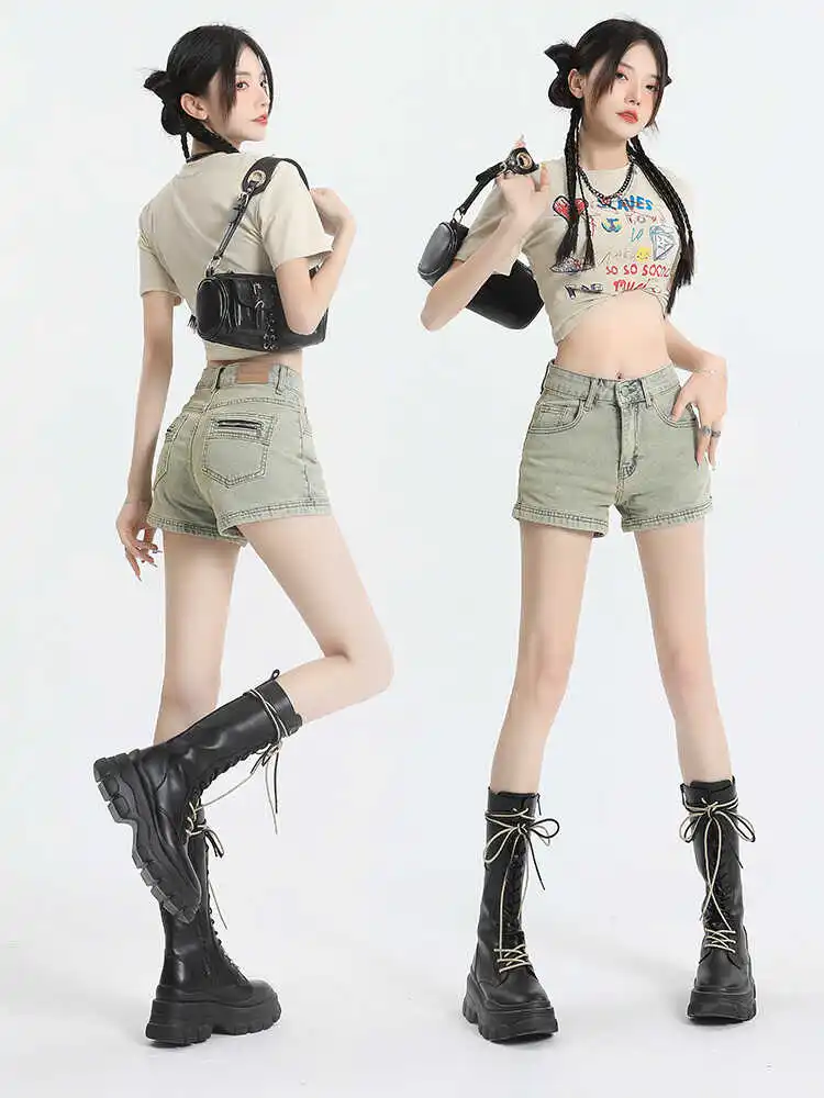 

High Waist Denim orts Women's Elastic Waed American Mud Color A-Line Hot Pants Summer Slimming Design Cotton Stretch Denim