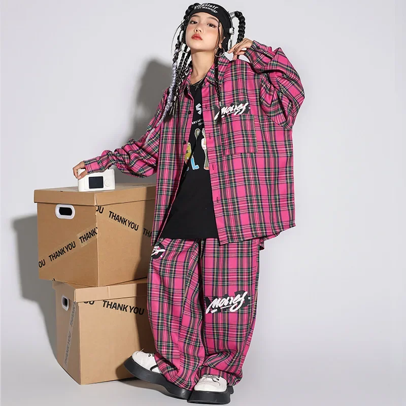 

Kids Hip Hop Dance Clothes Plaid Long Sleeve Shirt Tops Pants Sport Suit Girls Jazz Practice Clothing Teenager Stage Costumes