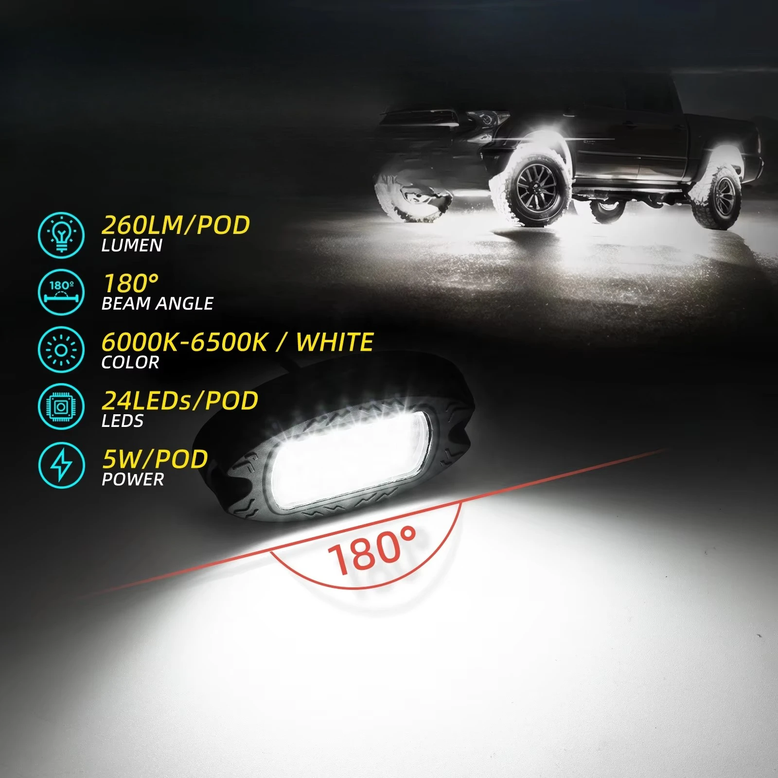 The pod is a pure white Light Emitting Diode Rock Light Kit with switch wiring harness