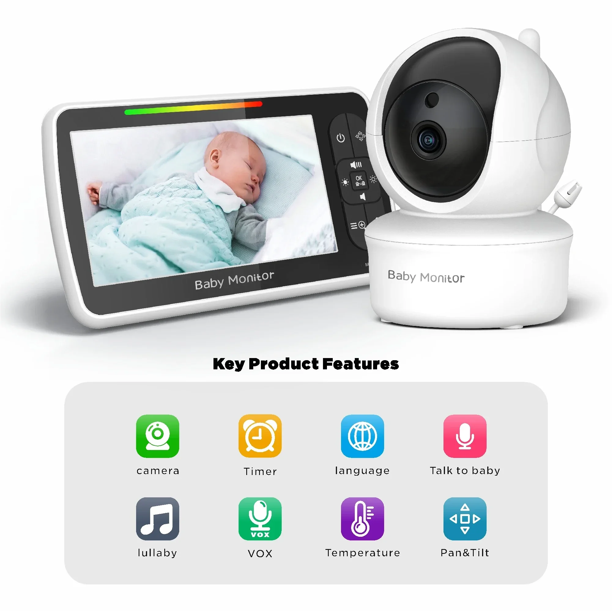 

2023 New Baby Monitor 5-inch Lullaby Video Intercom Cry Alarm VOX Mode Nanny Camera and Audio Remote Night Vision SM650