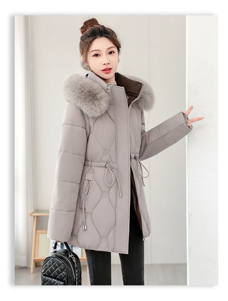 Simple Solid Color Large Fur Collar Hooded Removable Long-sleeved Down Cotton Jacket Women's 2025 Winter Thickened Warm Jacket