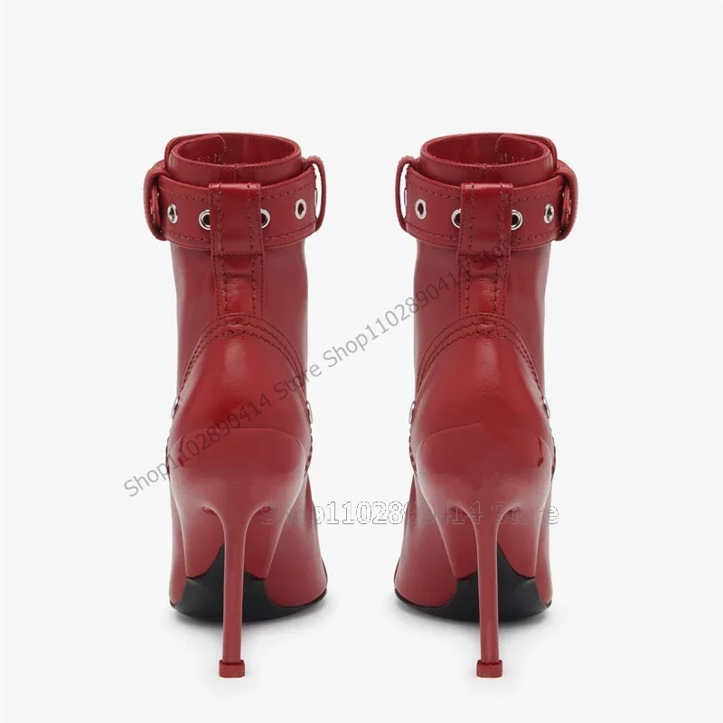 Rot Hohl Design Metall Spitz Stiefeletten Knöchel Schnalle Frauen Schuhe Dünne High Heels Runway 2023 Zapatos Para Mujere