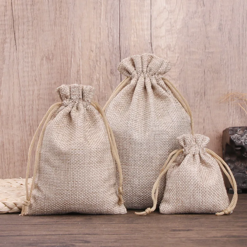 50 teile/los Leinen und Jute Kordelzug Tasche 7x9/10x14/13x18 cm schmuck Verpackung Hochzeit Süßigkeiten Weihnachten Party Geschenk Lagerung Tasche – Detail 6
