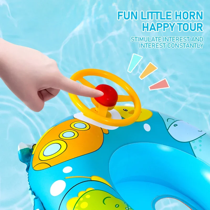Boia de Natação em Forma de Desenho Animado para Bebês com Volante, Brinquedo Aquático Inflável para Verão, Assento Flutuante para Praia e Piscina