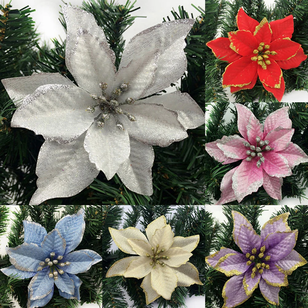 

24pcs Christmas Flower Decorations Glitter Artificial Flowers For Christmas Tree Hanging Ornament Wedding Party Decor Fake