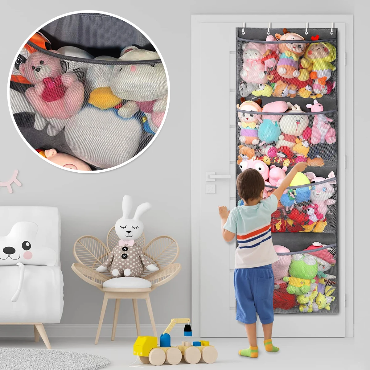 

Stuffed Animal Storage Bag Over The Door Stuff Animals Organizer with 4 Large Pockets Hanging Mesh Bags for Baby Plush Toys