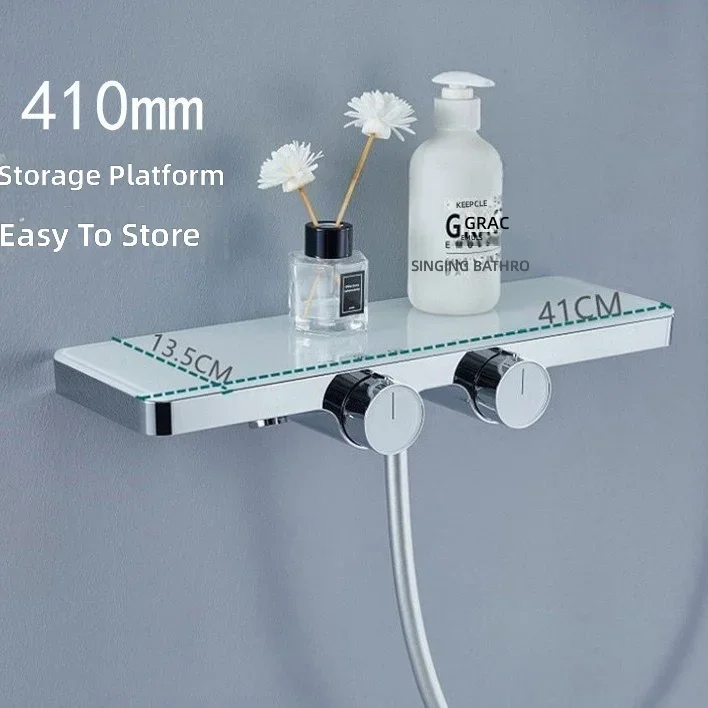 #Copper WaterwayEasy Install Wall-Mounted Shower Set, Silver, Hot and Cold, 2 in 1 Shower Head with Shelf, Home Bathroom Fixture view 2