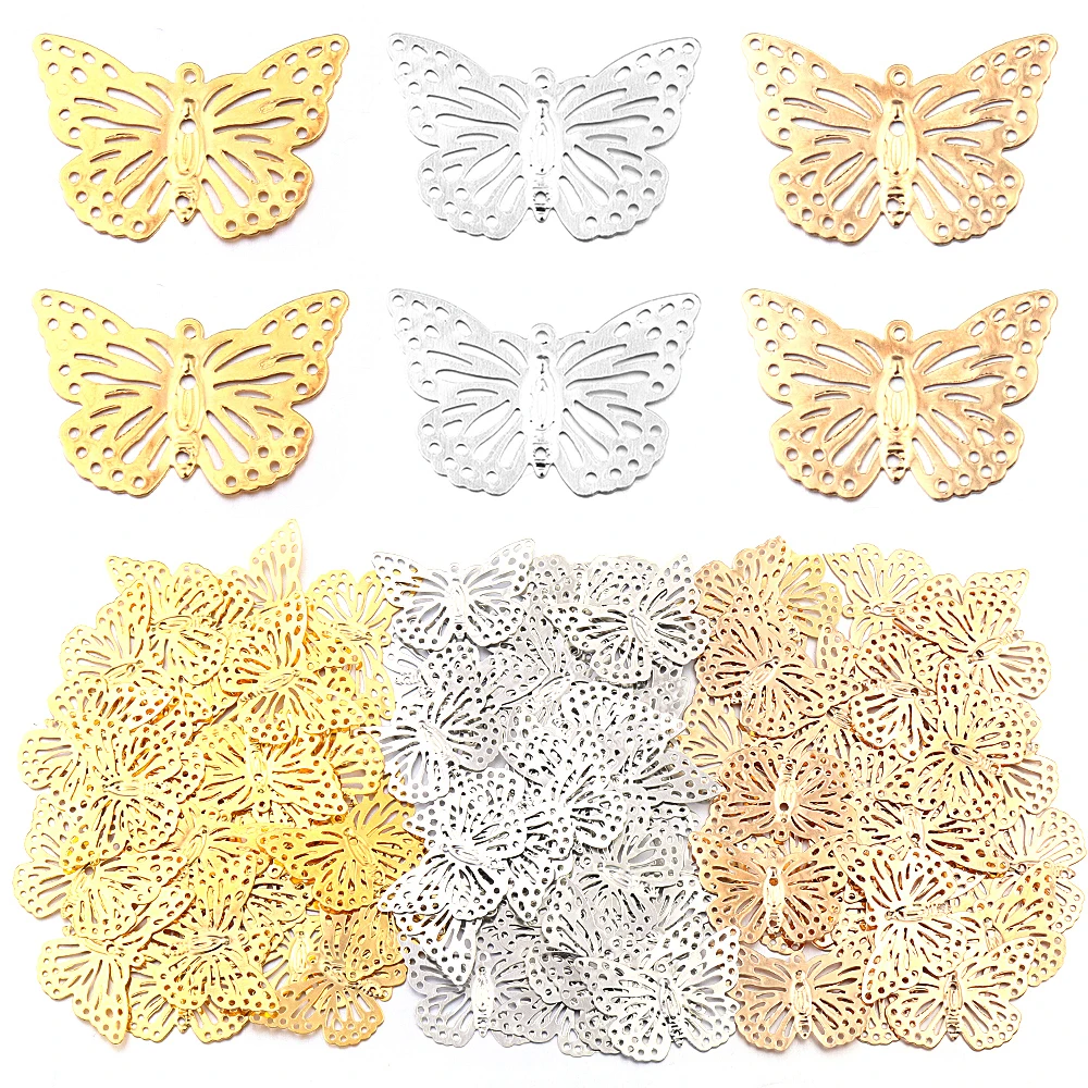 50Pcs/lot Butterfly Filigree Wraps Metal Charms Pendant for Crafts Earrings Necklace DIY Jewelry Connectors Accessories Supplies