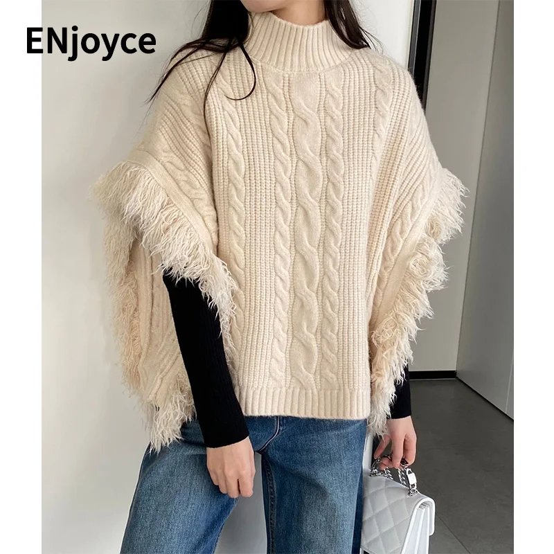 Women Vintage Shawl Sweater with Tassel Vest Scarf 2024 Fall Winter Ladies Knitwear Sleeveless Knit Cloak Coat Pullover Tops