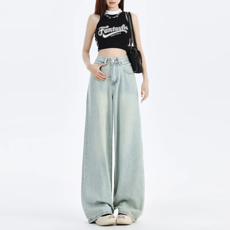 Fashion New Women's Light Blue Loose Wide Leg Denim Pants with High Waist and Slimming Embroidery Design Hanging Floor Pants