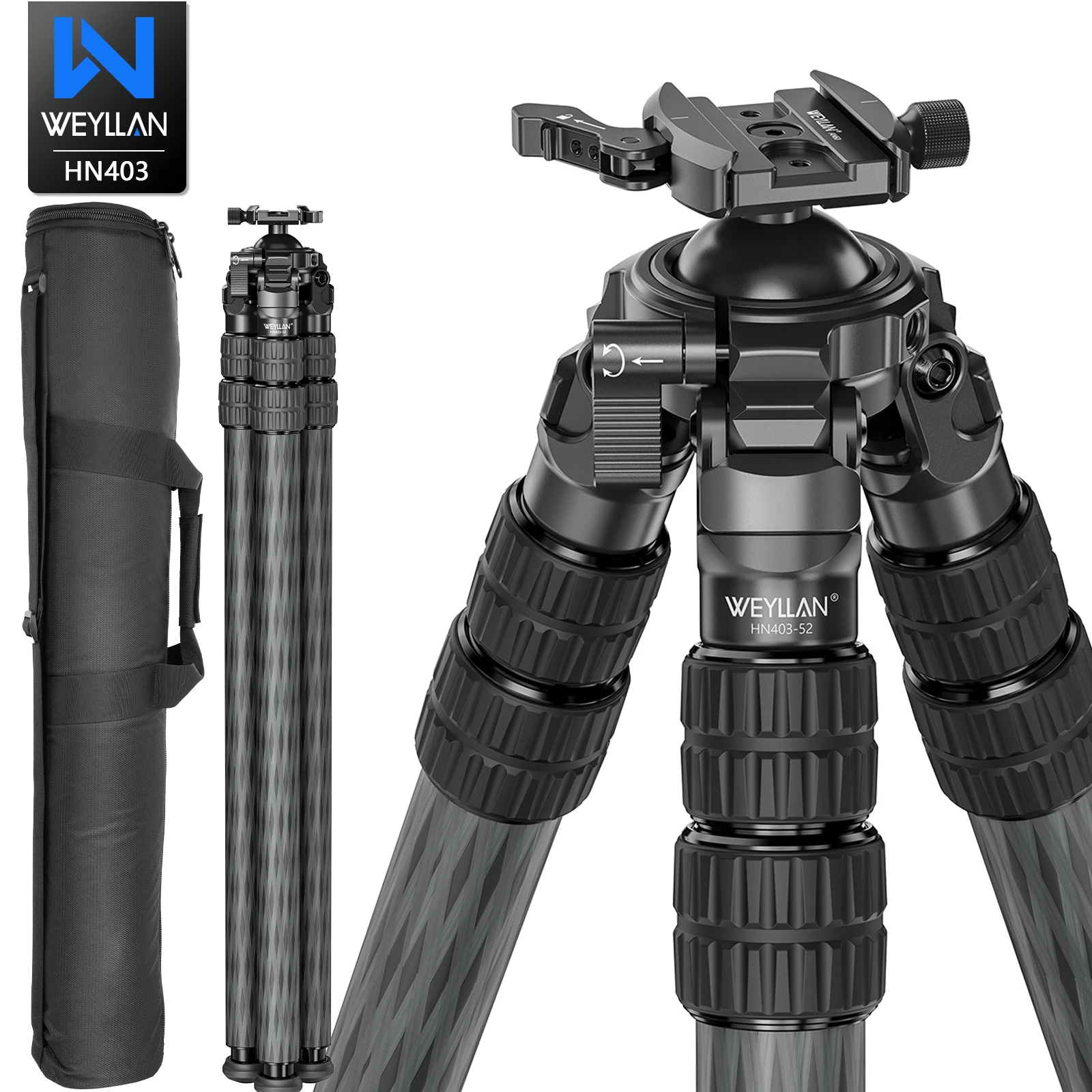 WEYLLAN HN403 40mm Carbon Fiber Tripod for Hunting 70.49'' Carbon Shooting Tripod with Built-in 52mm Ball Head Max Load 30kg