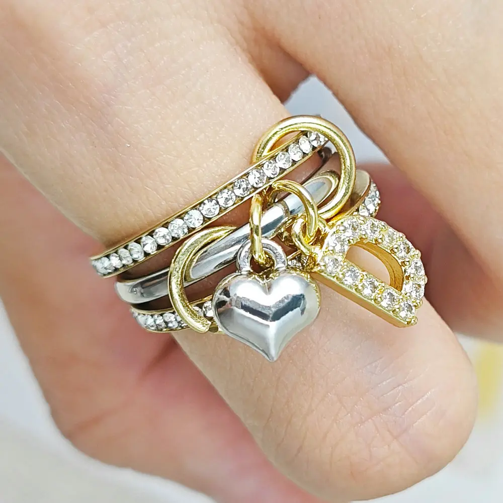 Heart Letter Pendant Charm Rings For Women INS New Zircon Stainless Steel Spinelli Kilcollin Ring Stack Set Gold Color Jewelry