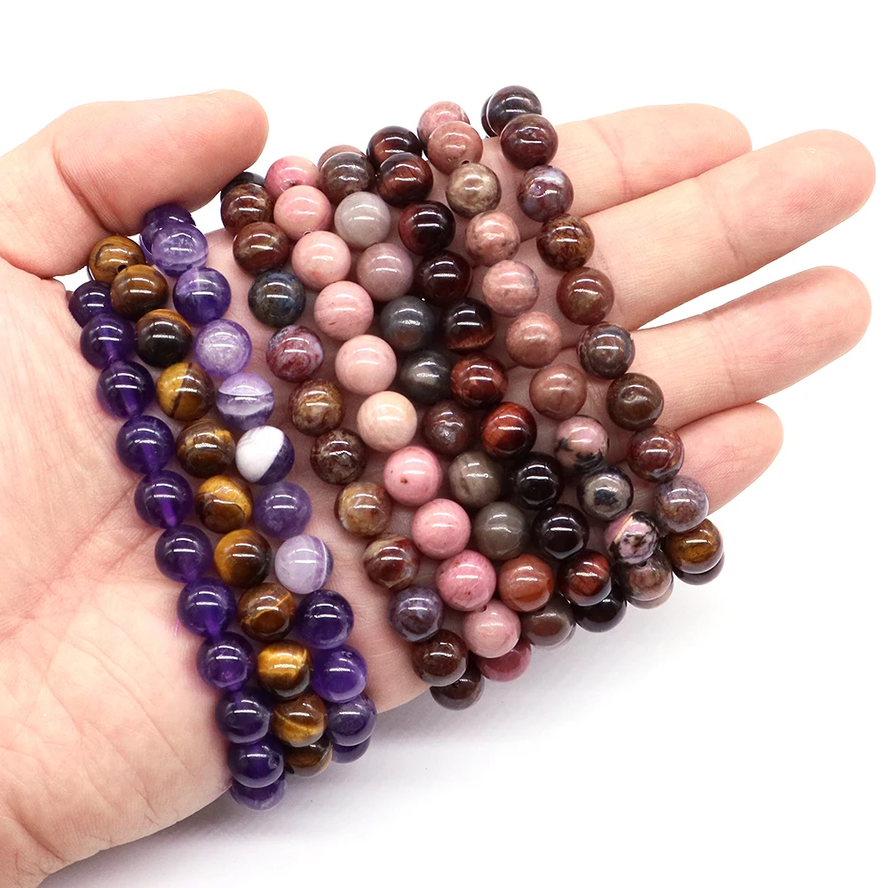 Natural Round Stones Loose Beads Bracelet For Women Men Healing Crystal Quartz Amethyst Agates Elastic Bangle Wholesale 19MM