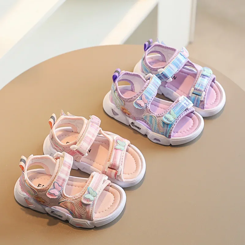 Girls Sandals 2022 Summer New Style Butterfly Breathable Mesh Soft Sole PVC Princess Flat Shoes Baby Girl Sport Beach Sandals