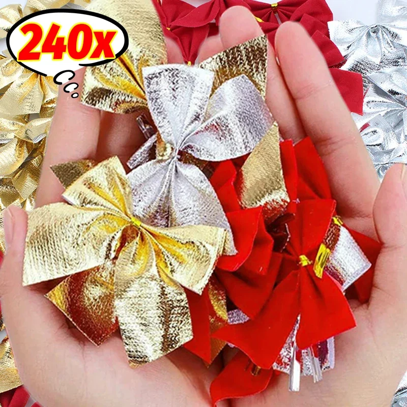 Red Gold Christmas Bow Ornaments Xmas Tree Hanging Pendant Mini Bowknot DIY Craft New Year Home Party Decoration Gifts Wholesale